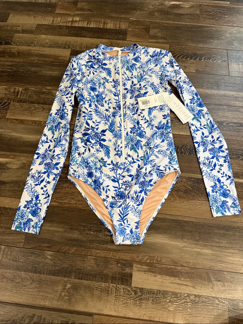 Mott50 Blue and White Floral Long-Sleeve One-Piece Swimsuit